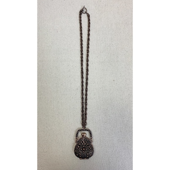 Filigree Purse Pendant necklace darkened copper finish, opens, handle moves - Picture 6 of 7